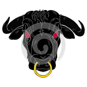 Head of an evil bull with a ring in its nose