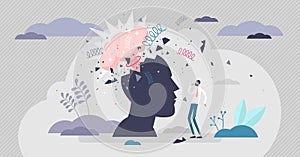 Head explode vector illustration. Mind blowing flat tiny persons concept.