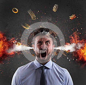 Head explosion of a businessman. concept of stress due to overwork