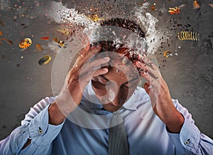 Head explosion of a stressed and tired businessman due to overwork.