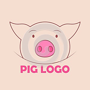 Head with face of cute pig icon and logo. Linear and outline vector cartoon illustration. Clipart and drawing on pink background.