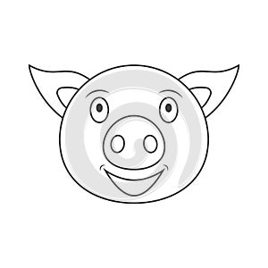 Head with face of cute pig icon and logo. Linear and outline vector cartoon illustration. Clipart and drawing on white background.