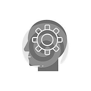 Head with gear, brain process, knowledge, think, idea grey icon.