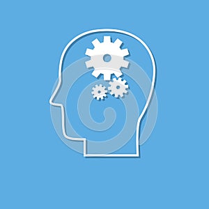 Head with gears, Brain activity icon, cut from white paper