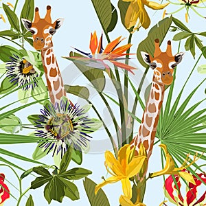 Head giraffe with tropical green leaves and flowers. Cartoon exotic seamless illustration repeating pattern on white background.