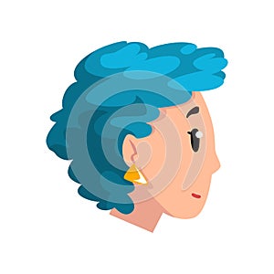 Head of girl with blue dyed hair, profile of young woman with fashion hairstyle vector Illustration on a white