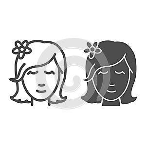 Head of girl with flower in hair line and solid icon, Beauty concept, spa salon logo with woman portrait sign on white