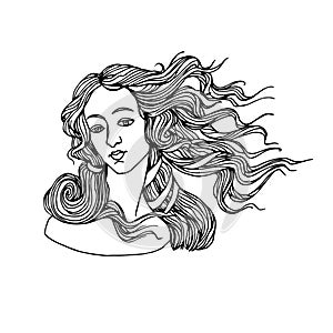 The head of goddess of love, from a painting by Botticelli, the birth of Venus