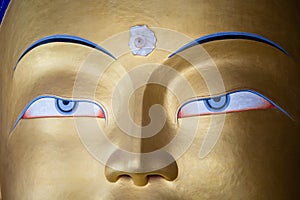 Head of a golden Buddha inside temple at Thikse monastery. Ladakh, India