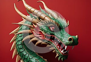 the head of a green dragon. the symbol of the Chinese New Year 2024. on a red background.