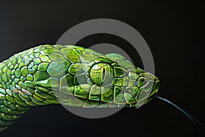 Head of a green snake on a dark background close-up