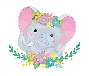 Head of grey elephant in flowers. Children illustration