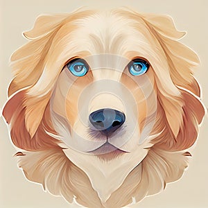 The head of a hairy dog. Muzzle of a dog with blue eyes. Stylized dog head. Red dog. Eared dog head. Digital