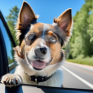 Head of happy lap dog looking out of car window. Curious terrier enjoying road trip on sunny summer day