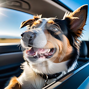 Head of happy lap dog looking out of car window. Curious terrier enjoying road trip on sunny summer day