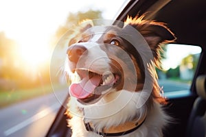 Head of happy lap dog looking out of car window enjoying road trip. Generative AI