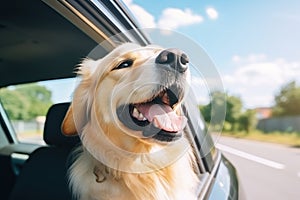 Head of happy lap dog looking out of car window enjoying road trip. Generative AI
