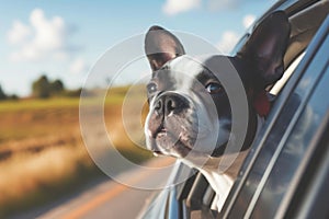 Head of happy lap dog looking out of car window enjoying road trip. Generative AI