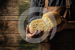 A head of hard cheese in man's cheesemaker hands. delicious dairy products. cheese maasdam with big holes