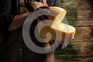 A head of hard cheese in man's cheesemaker hands. delicious dairy products. cheese maasdam with big holes