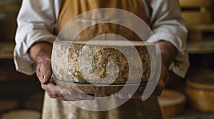 Head of hard cheese in mans cheesemaker hands. delicious dairy products. cheese maasdam with big holes.