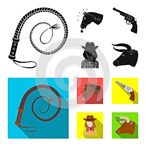 Head of a horse, a bull head, a revolver, a cowboy girl. Rodeo set collection icons in black, flat style vector symbol