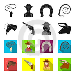 Head of a horse, a bull`s head, a revolver, a cowboy girl. Rodeo set collection icons in black,flet style vector symbol