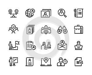 Head hunting line icons. Job interview career candidate company human resources people search. Corporate professional