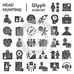 Head hunting solid icon set. Job and office collection or sketches, symbols. Corporate business signs for web, glyph