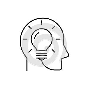 Head with idea light bulb line icon, outline vector logo illustration, linear pictogram isolated on white background.