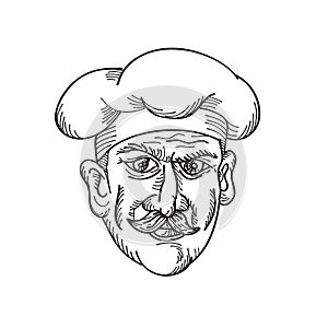 Head of Italian Chef Cook Baker or Food Worker Wearing Moustache Front View Drawing Retro Black and White