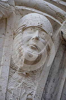 The head of a knight on a column of the Doge’s Palace in Venice, Italy.