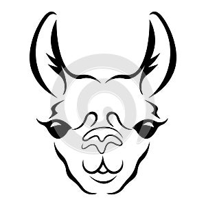 The head of the Lama is black, the silhouette is drawn with various lines in a flat style. Alpaca tattoo, exotic animal logo