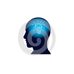 Head With Light Bulb In Brain, Brainstorm Thinking New Idea Concept Icon