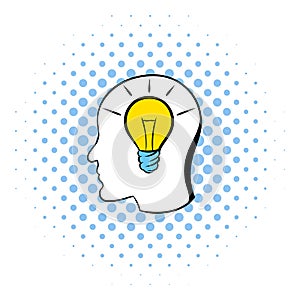 Head with light bulb icon, comics style