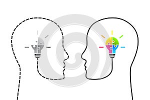 Head and light bulb made of puzzle as idea, solution or innovation concept