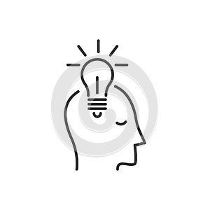 Head with light bulb. Vector outline icon. Vector creative imagination brainstorming or generating new idea isolated