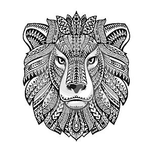 Head lion. Ethnic patterns. Hand drawn vector illustration with floral elements. Leo, animal symbol