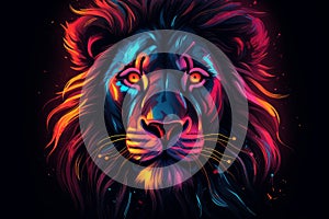 Head of lion with neon style. Wildlife predator photo