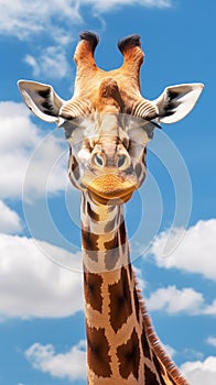 The head and long neck of a giraffe against a sky with clouds. Vertical shot