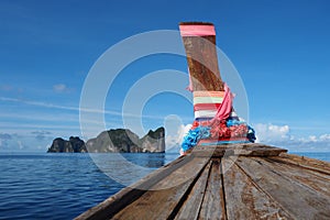 Head of long tail boat blue sky background phi phi island Thailand