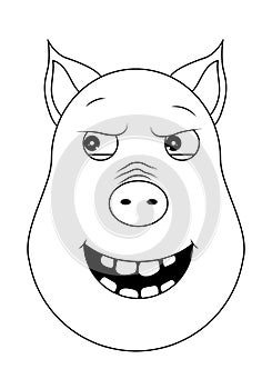 Head of malevolent pig in outline style. Kawaii animal.