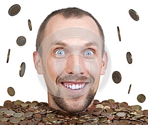 Head of man in a heap of euro coins