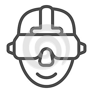 Head of man in VR glasses line icon, optical equipment concept. Vector graphics. Human head in virtual reality glasses
