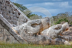 Head of Mayan god Kukulcan, pyramid El Castillo in Chichen Itza, Yucatan, Mexico