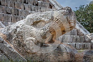 Head of Mayan god Kukulcan, pyramid El Castillo in Chichen Itza, Yucatan, Mexico