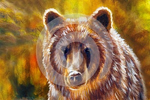 Head of mighty brown bear, oil painting on canvas and graphic collage. Eye contact.