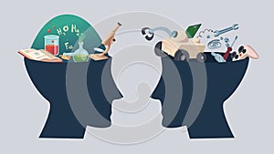 Head minds. human profile face with concept pictures with chemistry and robotics education