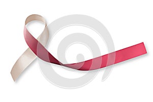 Head and neck cancer awareness with burgundy ivory ribbon isolated on clipping path white background, symbolic bow color