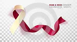 Head and Neck Cancer Awareness Month. Burgundy and Ivory Color Ribbon Isolated On Transparent Background. Vector Design Template